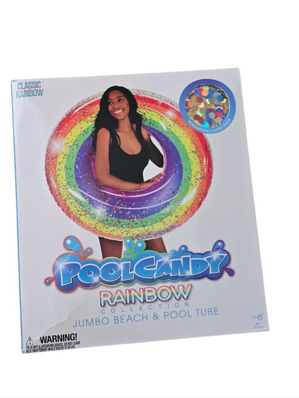 PoolCandy Rainbow Glitter Jumbo Pool Tube Float Open Box